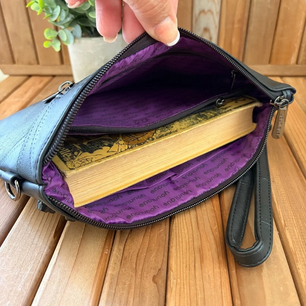 Edgy Black Leather Studded Clutch Crossbody Bag Wristlet Boho by Younique - Picture 7 of 8